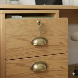 A focused illustration of the elegant brushed metal handles on a sturdy two drawer oak file cabinet.