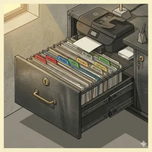 An illustration of an office credenza with file storage used as a printer stand.