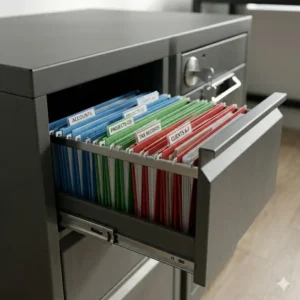 Illustration 6: An open drawer of a slimline filing cabinet showing neatly organized hanging file folders.