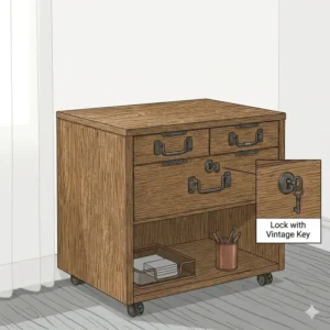 Rustic oak file cabinet table with vintage hardware providing extra surface space in a living room.