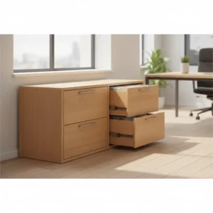 A wide lateral two drawer wooden filing cabinet suitable for legal and letter-sized folders.