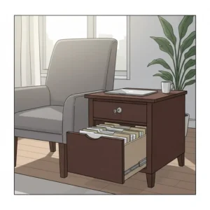 A secure end table with file drawer with a locking mechanism for private document storage.