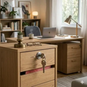 Secure office desk cabinets equipped with a central locking system for private and confidential document storage.