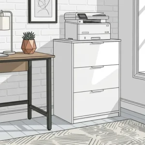 Illustration 6: A minimalist white 3 drawer lateral file cabinets used as a printer stand in a bright workspace.