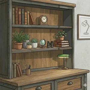 A decorated file cabinet with hutch used as a bookshelf and display unit for office accessories.