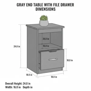 A gray wash end table with file drawer shown with dimensions to illustrate its height and depth.