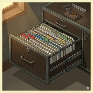 An illustration of a luxury executive office featuring a large office credenza with file storage.