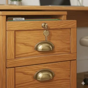 An illustration of a two drawer oak file cabinet with a classic, warm traditional honey oak finish.