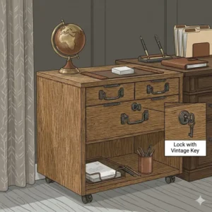 An executive file cabinet table positioned next to a large desk to extend the workspace.