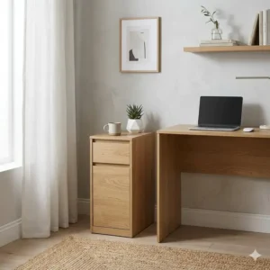 Illustration 7: An oak-finish slimline filing cabinet used as a stylish side table in a minimalist workspace.