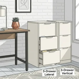 Illustration 7: Comparison illustration showing the space-saving wide design of 3 drawer lateral file cabinets versus traditional vertical models.