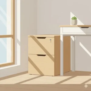 Minimalist birch two drawer wooden filing cabinet with a clean handle-less design.