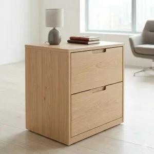Modern Scandinavian design of an office furniture filing cabinet wood in light oak for a bright office space.