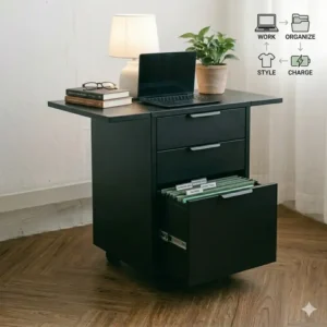 Multifunctional file cabinet side table providing extra workspace and storage in a small apartment.