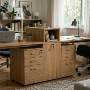A long shared workstation utilizing dual office desk cabinets as a central divider and structural support.