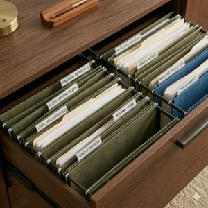 Detail illustration of the high-quality metal tracks and handles on a heavy-duty credenza with file drawers.