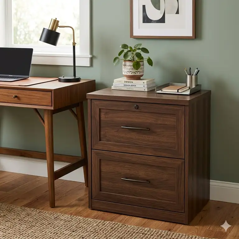 A premium dark wood filing cabinet 2 drawer in a rich espresso finish for a modern home office.
