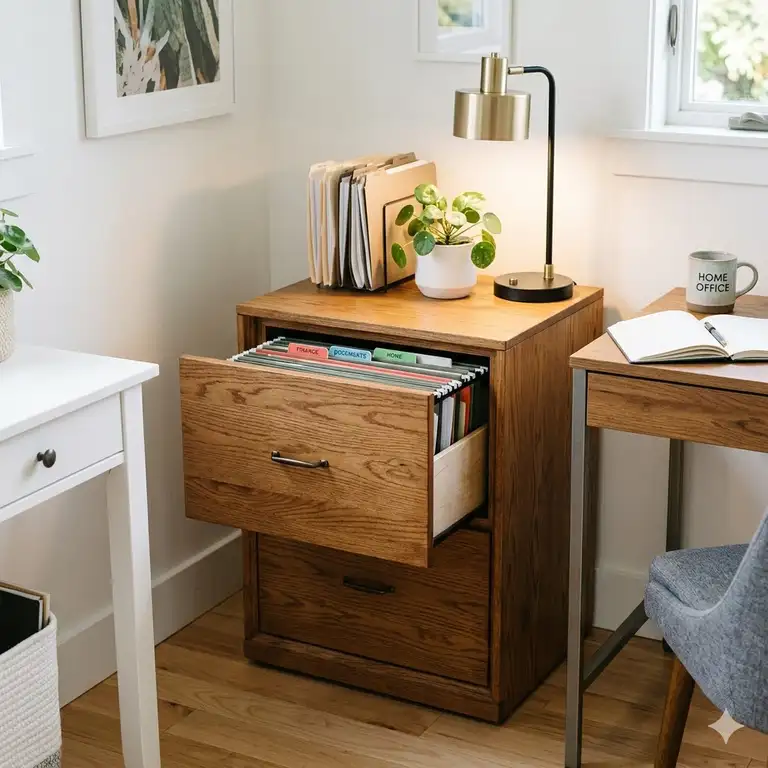 A professional workspace featuring high-quality home office filing cabinets wood with an organized desk setup.