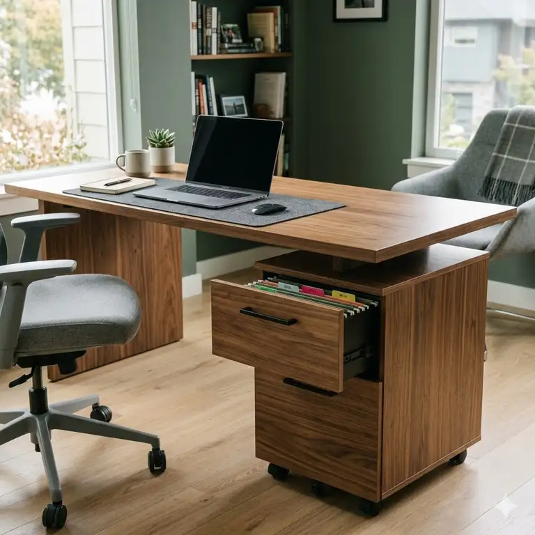A professional home office setup featuring a modern wood desk with file cabinet and a comfortable chair.