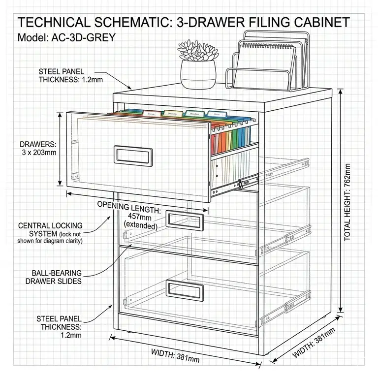 A professional workspace featuring a modern 3 drawer office filing cabinet in a charcoal grey finish.