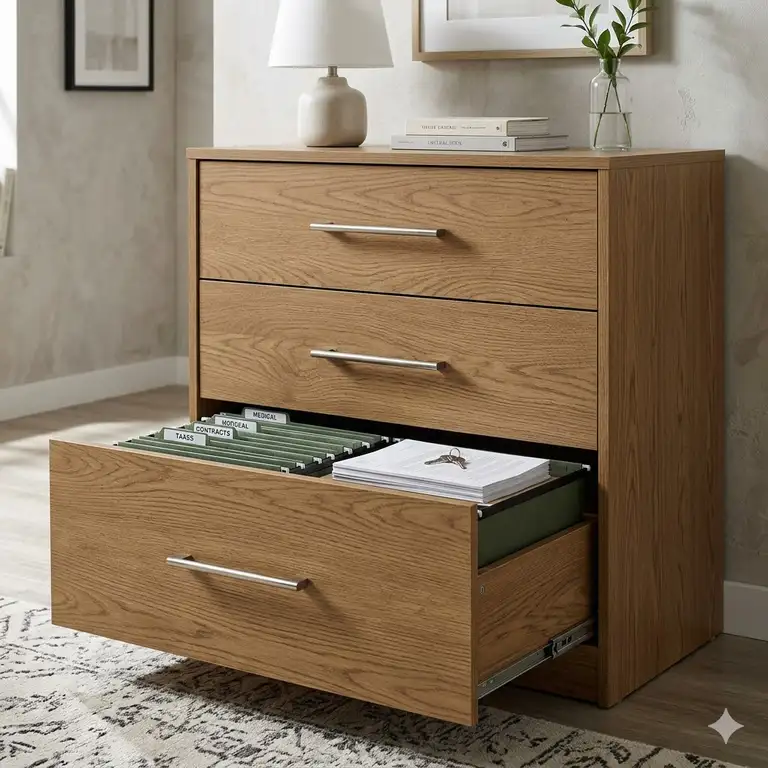 A luxury modern wooden bedroom dresser with file cabinet featuring sleek metal hardware and organized drawers.