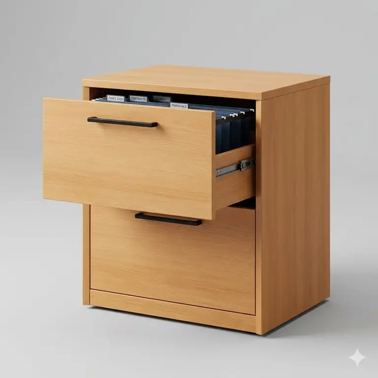 A professional studio shot of a modern wood two drawers file cabinet for office storage.