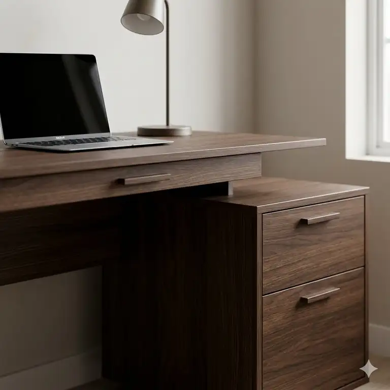 A professional home office setup featuring a high-quality desk and matching file cabinet in a dark wood finish.