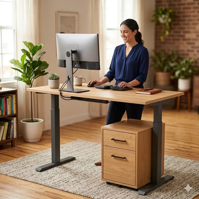A modern home office featuring a height-adjustable standing desk with file cabinet underneath for better organization.