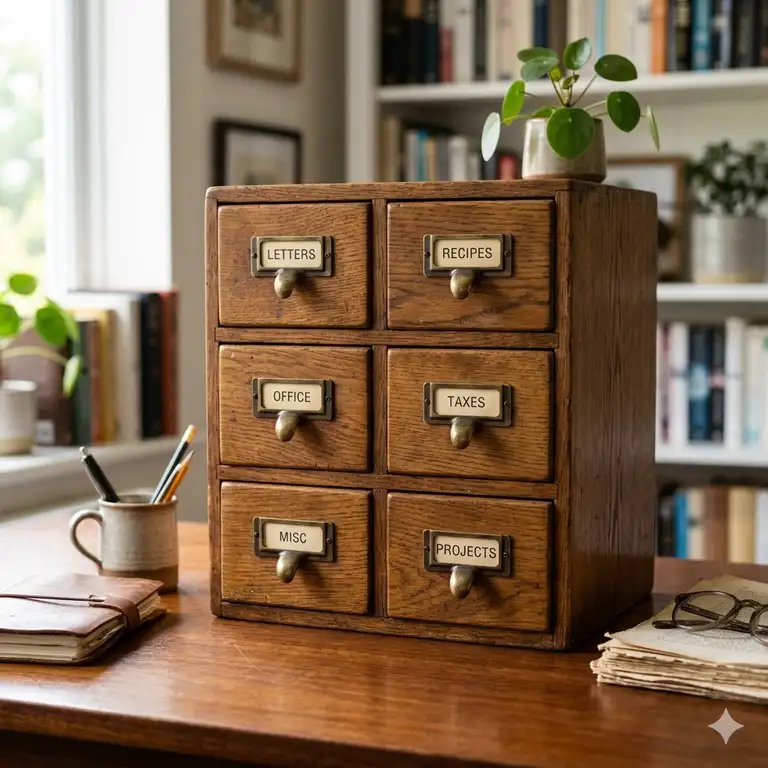 Featured Image: A set of vintage small wooden filing drawers sitting on a modern office desk with organized stationery.