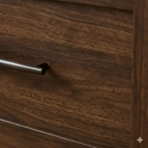 Close-up detail of the natural grain on a dark wood filing cabinet 2 drawer.