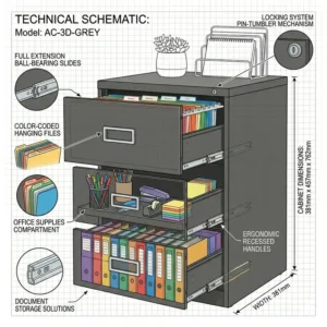 A technical diagram showing the exact height and width dimensions of a 3 drawer office filing cabinet.