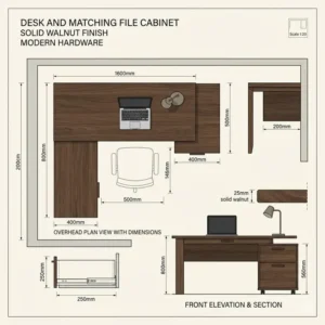 Technical drawing showing the overhead dimensions and floor layout for a desk and matching file cabinet.