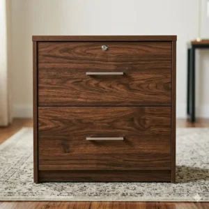 Front view of a sleek dark wood 2 drawer file cabinet featuring brushed metal handles.