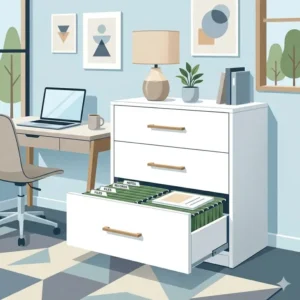 Digital illustration of a white dresser with file cabinet integrated into a minimalist home office setup.