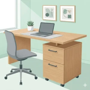 A minimalist light oak wood desk with file cabinet shown in a clean, simple illustration.