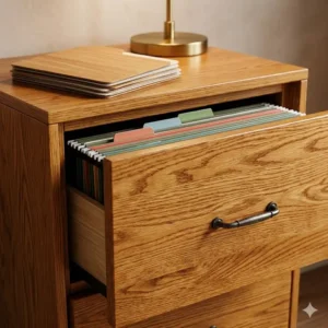 Close-up detail of the natural oak grain texture found on premium home office filing cabinets wood.