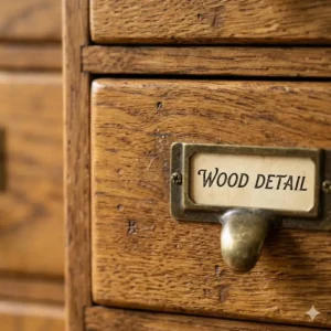 Illustration 1: Close-up detail of the natural oak wood grain on a handcrafted small wooden filing drawers unit.