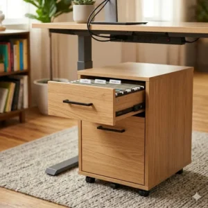Close-up of a mobile storage unit belonging to a standing desk with file cabinet set, showing open drawers.