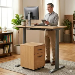 An ergonomic workspace showing a person using a standing desk with file cabinet located conveniently at the side.