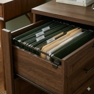 Interior view of a dark wood filing cabinet 2 drawer showing letter-size hanging folders.