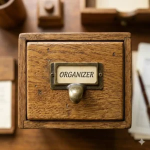 Illustration 2: A compact three-tier small wooden filing drawers used as a desktop organizer for mail and documents.