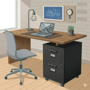 An industrial-style wood desk with file cabinet featuring metal accents and a rustic top.