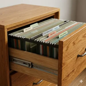A lateral storage design of home office filing cabinets wood showing smooth-glide drawers for legal documents.
