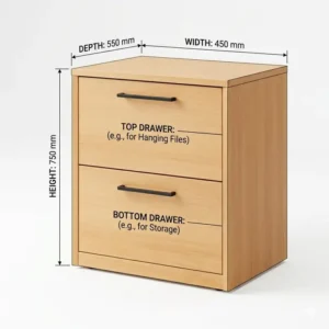 Close-up of the security lock and key on a white two drawers file cabinet.