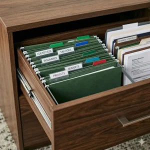 Interior view of an open drawer in a dark wood 2 drawer file cabinet showing smooth glides and folders.