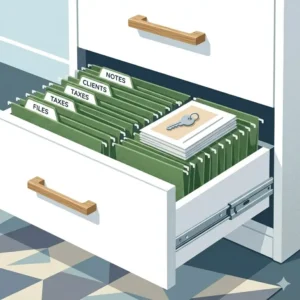 Close-up illustration of a dresser with file cabinet showing the bottom drawer open with hanging legal folders.