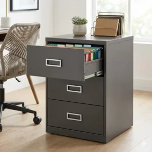 An interior view of an organized 3 drawer office filing cabinet with color-coded hanging files and supplies.