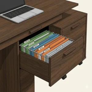 Close-up illustration of organized storage drawers inside a desk and matching file cabinet.