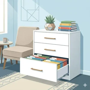 A space-saving 300x300 illustration of a compact dresser with file cabinet designed for small apartment living.