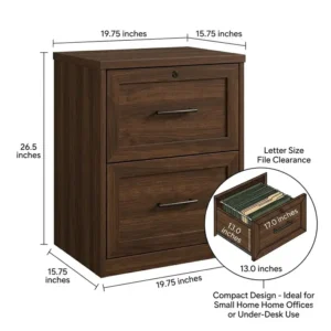 Illustration showing the height and width measurements of a compact dark wood filing cabinet 2 drawer.